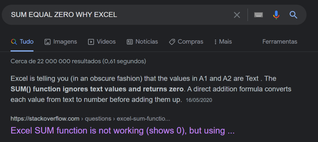 pesquisa no Google sobre Excel